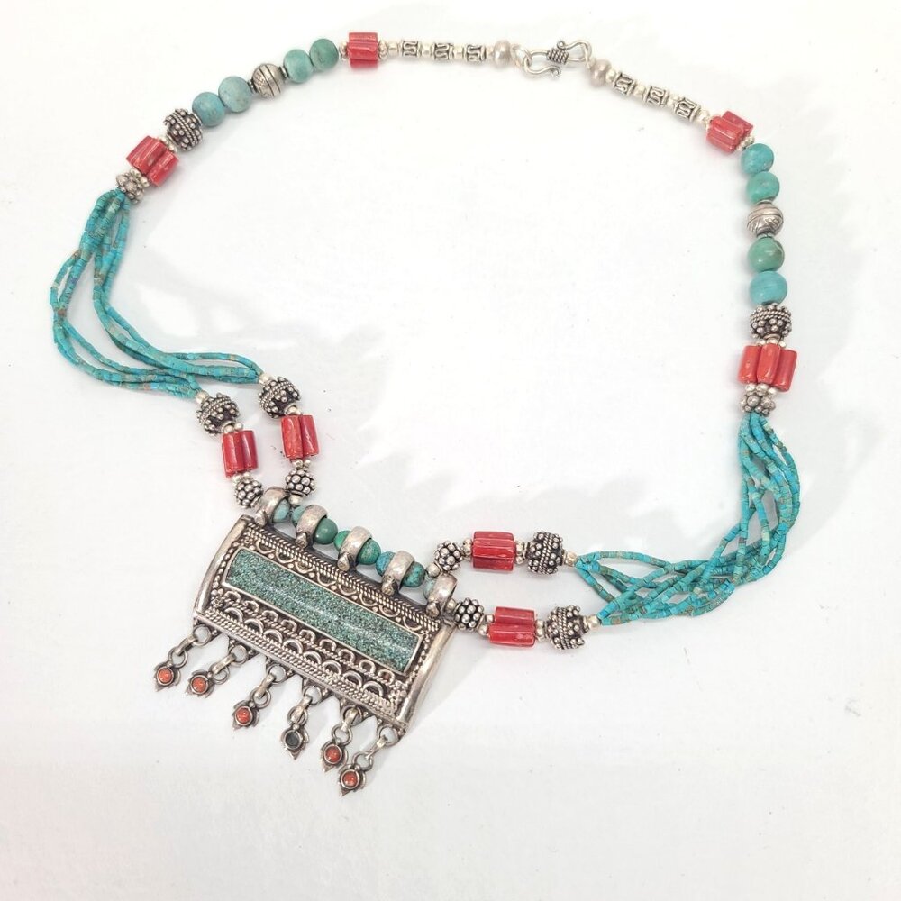 Silver Turquoise Coral Multi-Strand Tribal Necklace Tibetan Ethnic Statement 18"